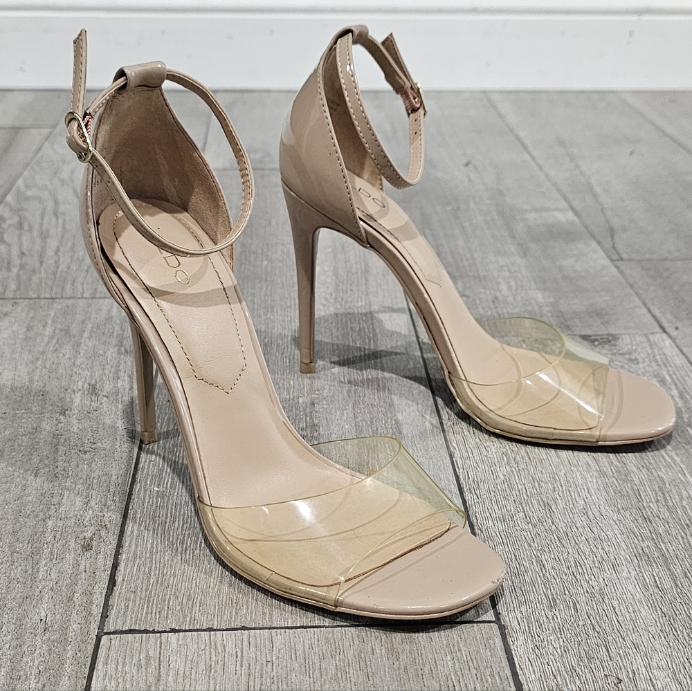 ALDO Clear Vinyl Nude Patent Ankle Strap Open Toe Stiletto Sandals Heels 8M